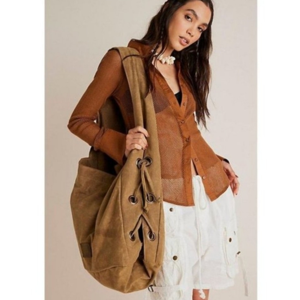 Free People Large Suede Drawstring Travel Tote in Brown